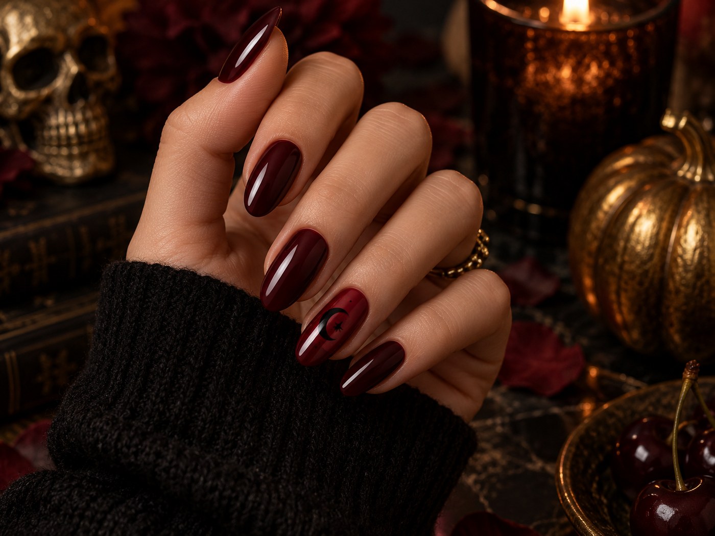Deep cherry Halloween nails with a moody seasonal look