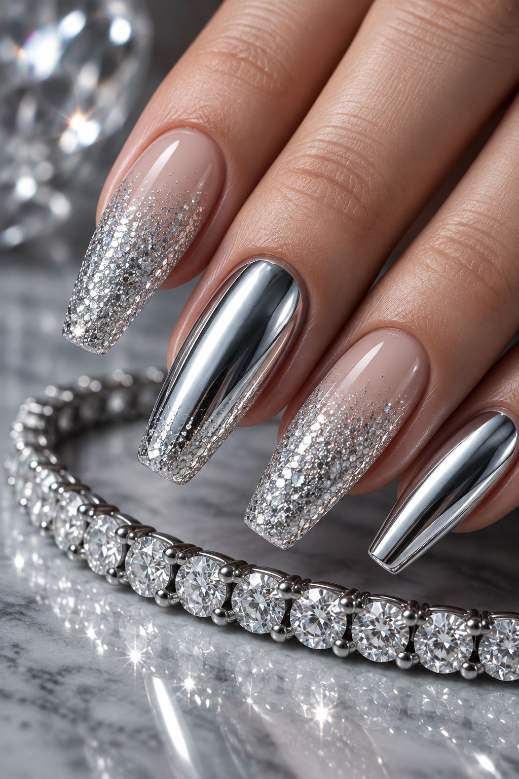 Diamond dusted chrome manicure