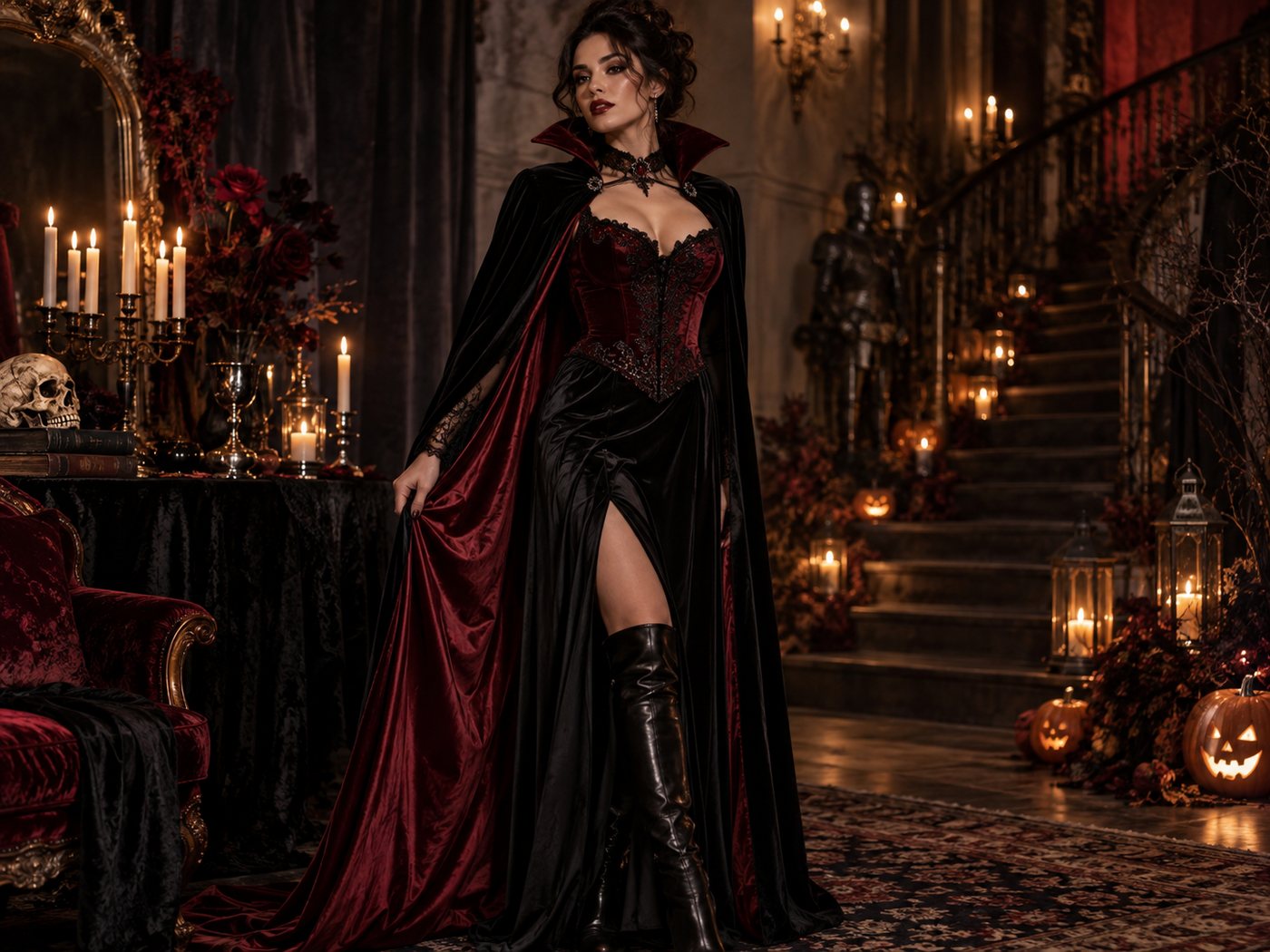 Glam vampire Halloween costume in red and black