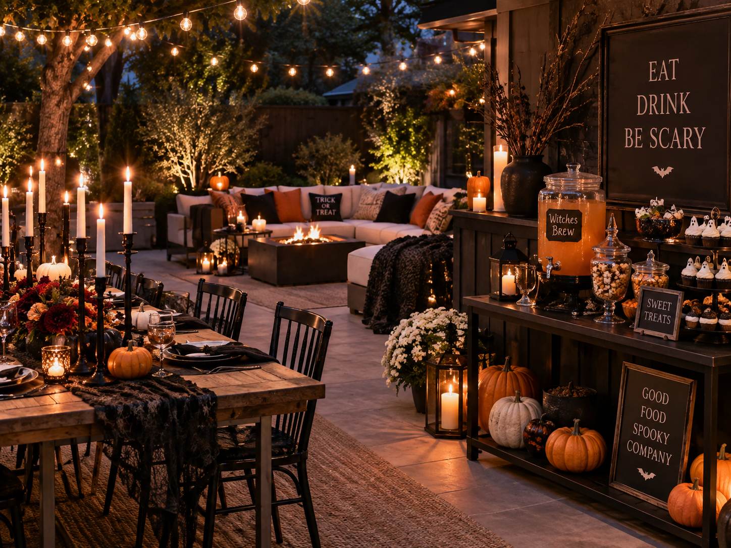Halloween backyard party decor with string lights dining table and dessert station