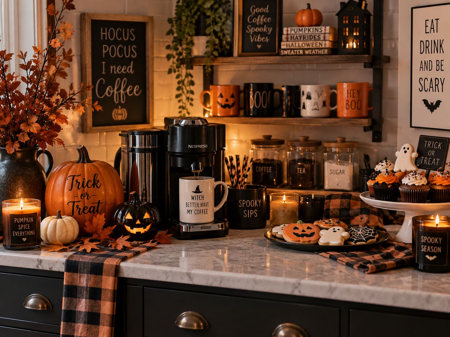 Halloween coffee bar decor with seasonal mugs treats and pumpkins