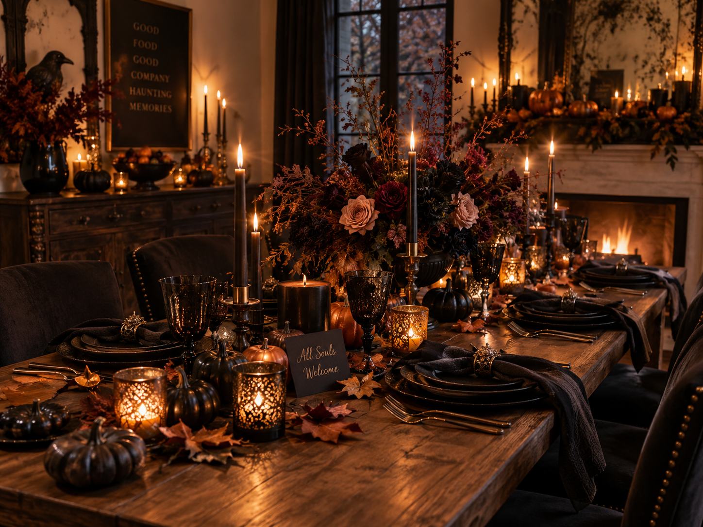 Halloween dining table decor with black plates candles and floral centerpiece