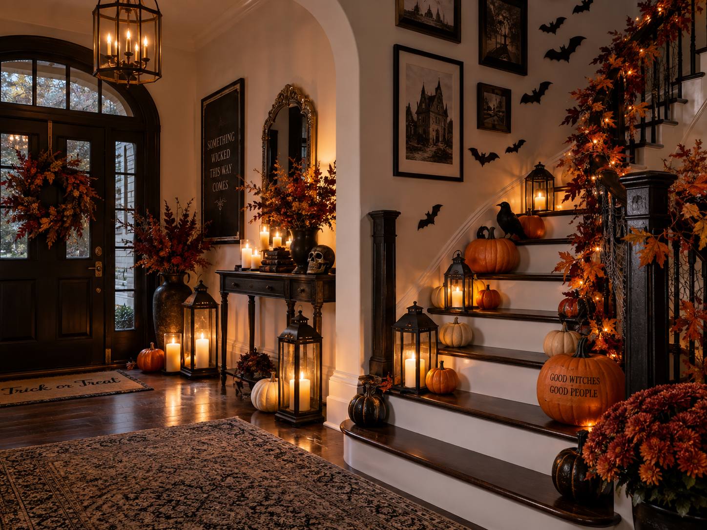 Halloween foyer and staircase decor with lanterns pumpkins and fall garland