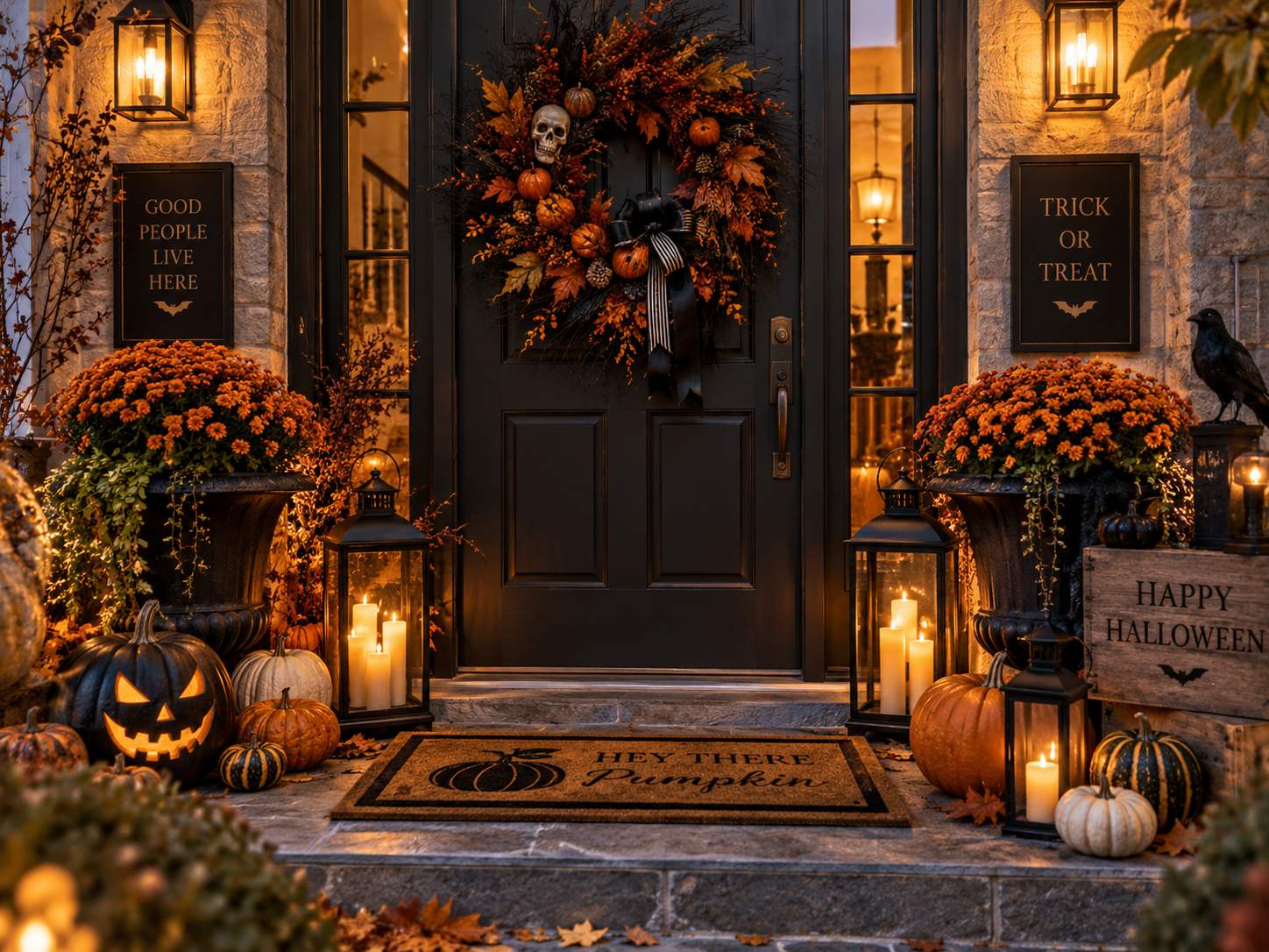 Halloween front door decor with wreath candles mums and pumpkins