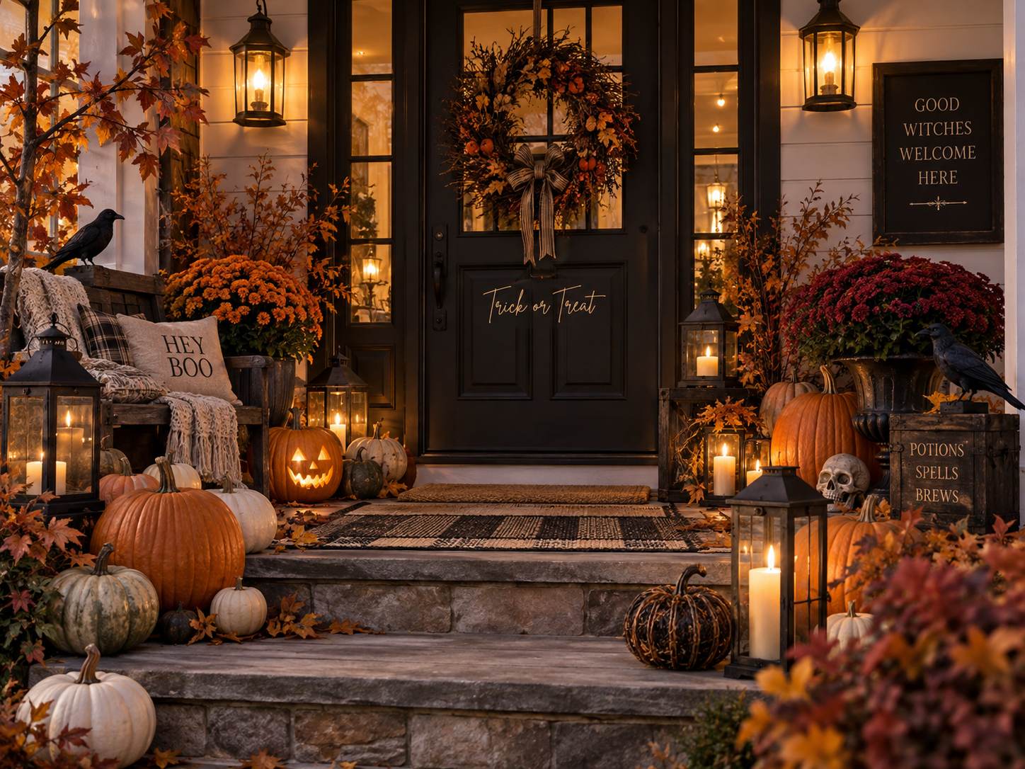 Warm Halloween front porch decor with pumpkins lanterns and mums