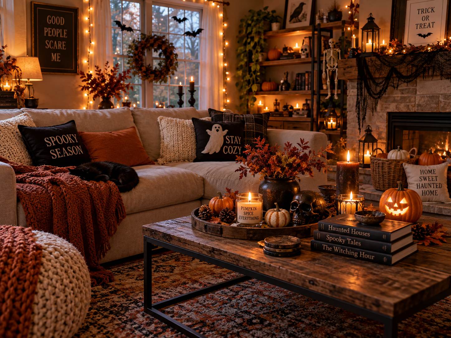 Cozy Halloween living room decor with pumpkins candles and string lights