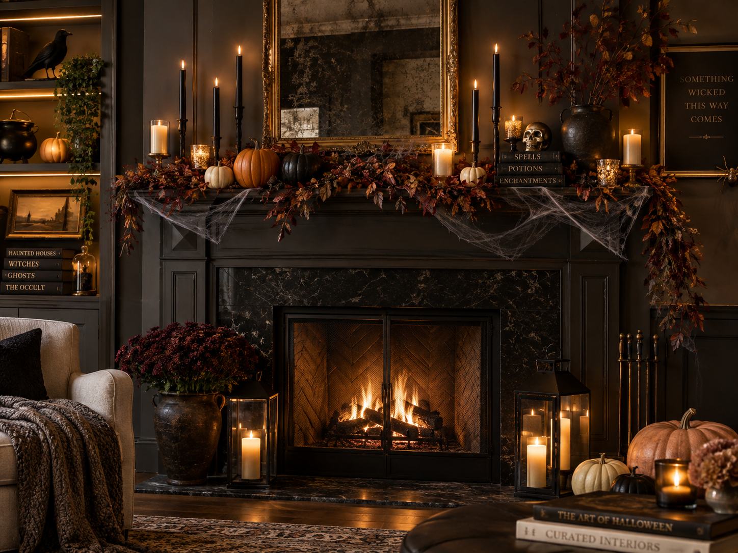 Halloween mantel decor with candles pumpkins and autumn garland
