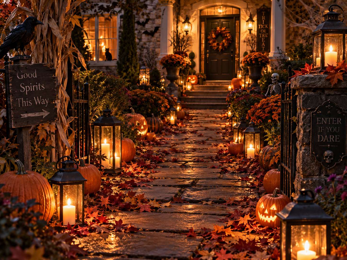 Halloween walkway decor with lanterns leaves and glowing pumpkins