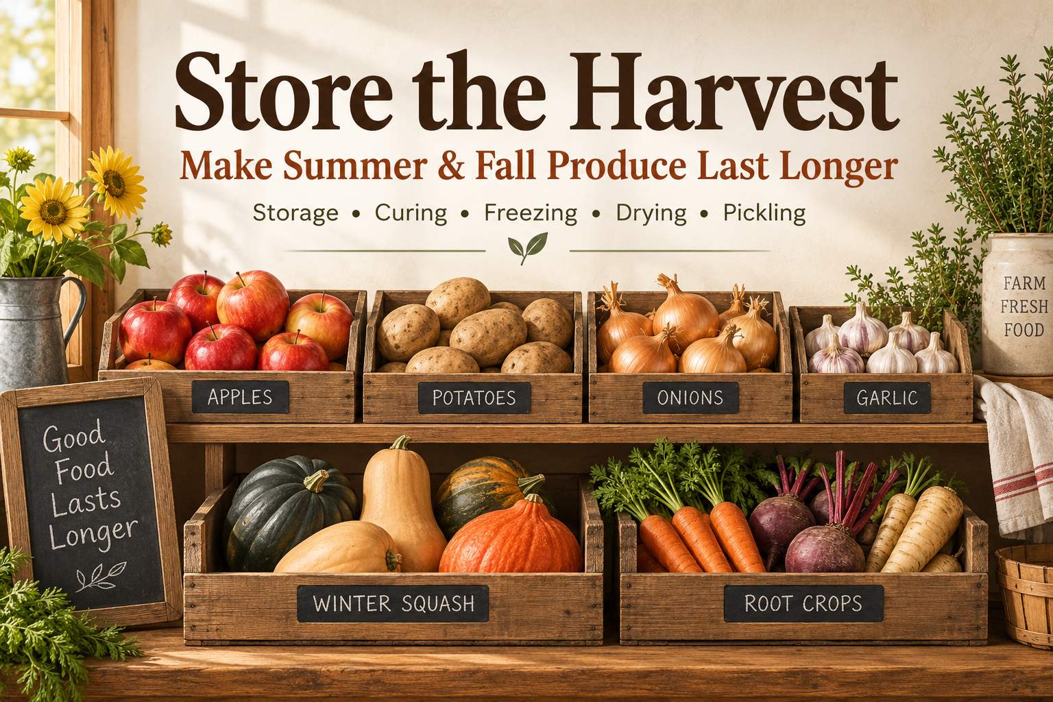 Farmhouse harvest storage guide with apples, potatoes, onions, garlic, winter squash and root crops