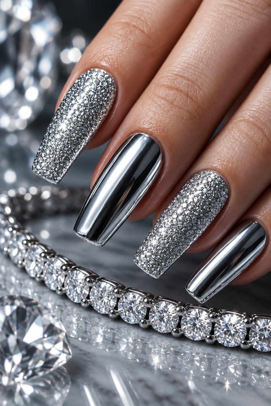 Icy chrome and diamond manicure