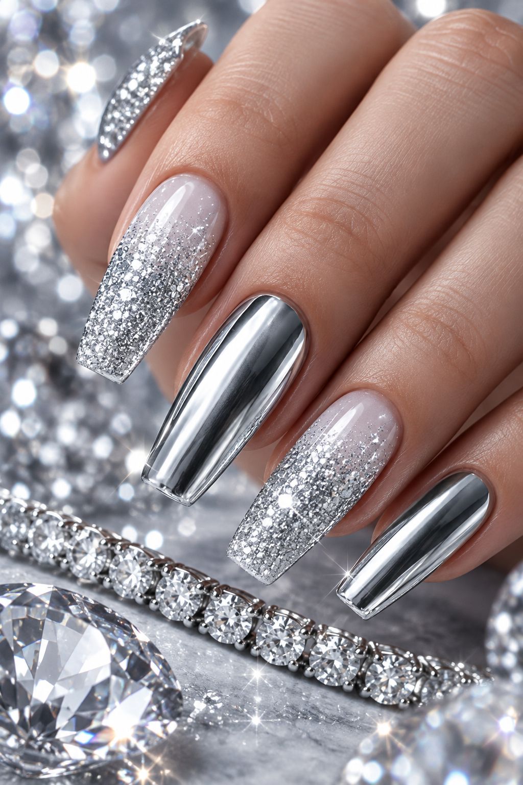 Icy ombre diamond chrome nails