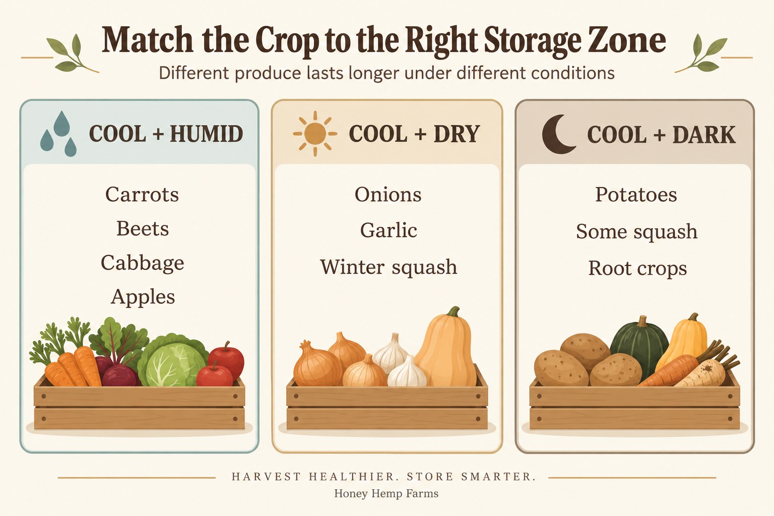 Match crops to cool and humid, cool and dry, and cool and dark storage zones