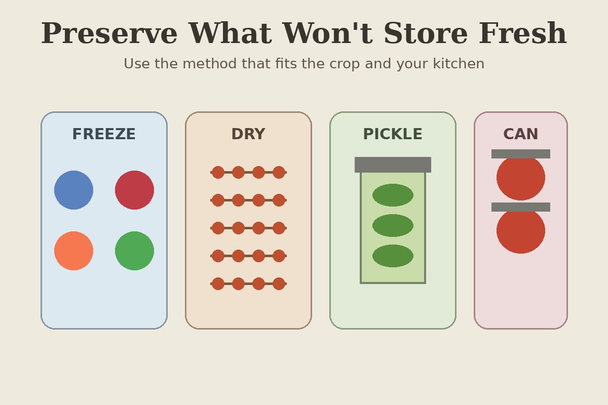 Freezing, drying, pickling and canning methods for preserving a harvest