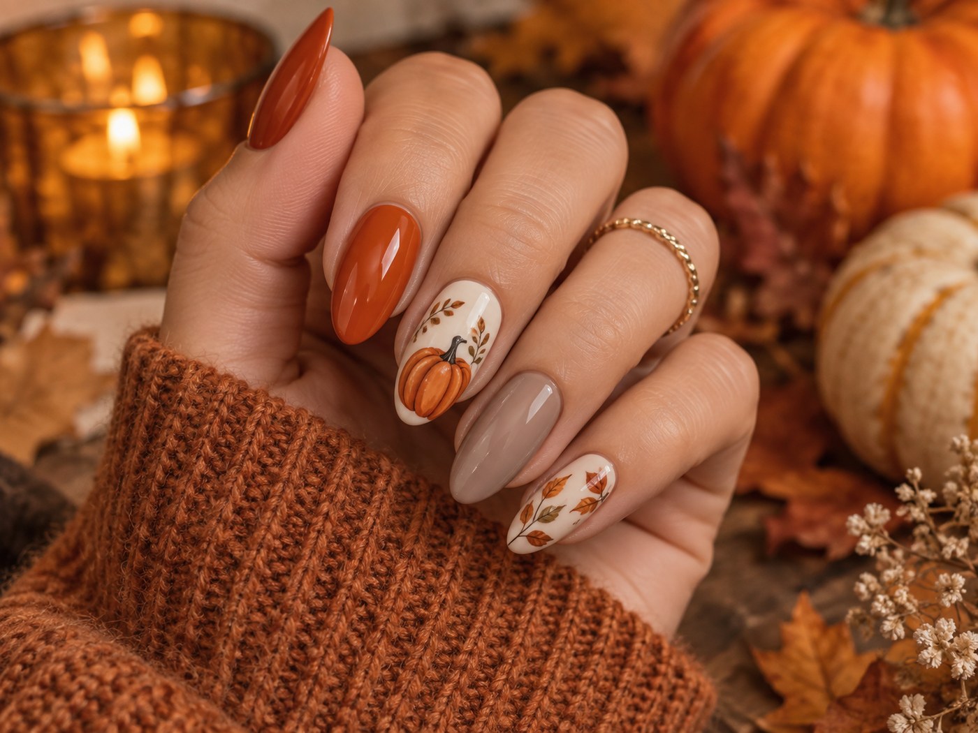 Pumpkin accent Halloween nails in orange, cream, and taupe