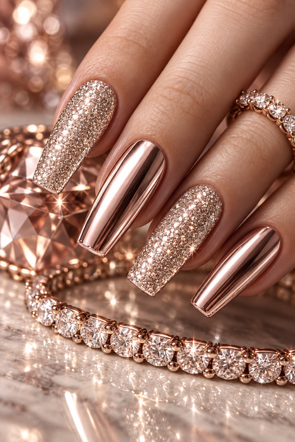 Rose gold diamond glam nails