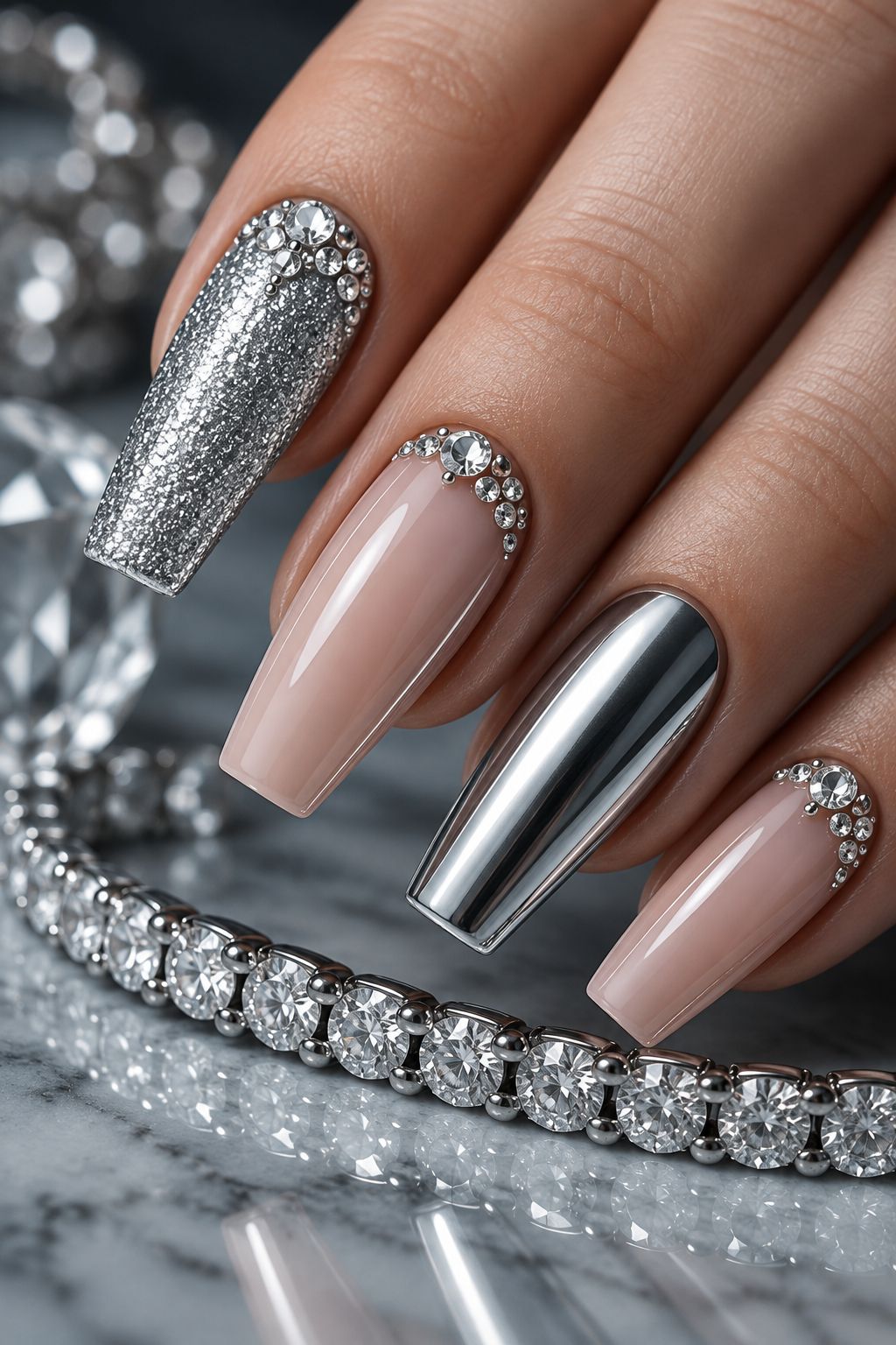 Silver crystal glamour nails