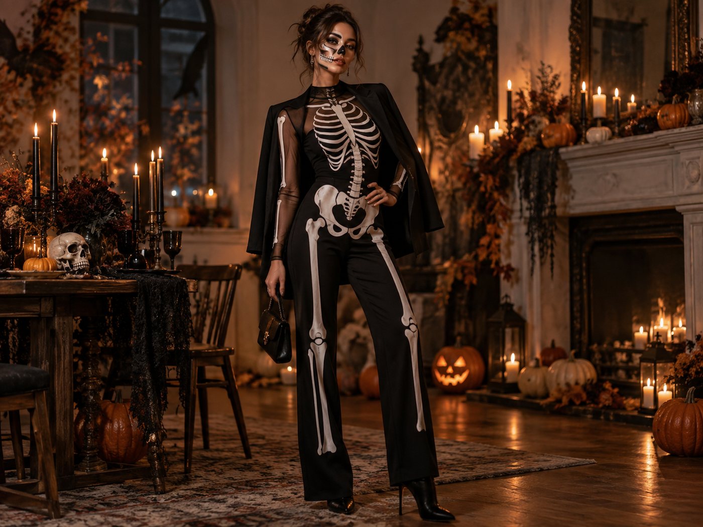 Skeleton chic Halloween costume with stylish bone-inspired details
