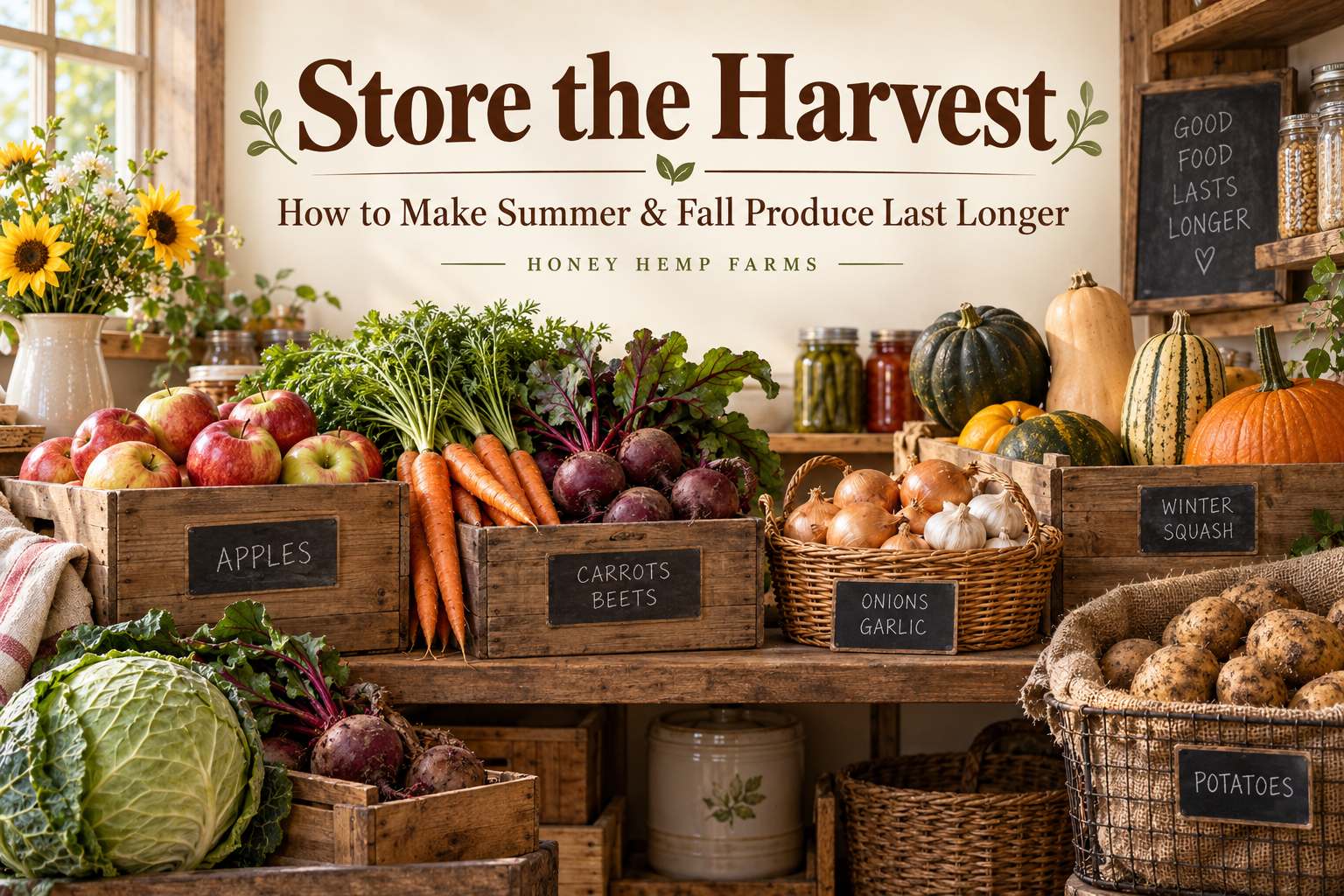 Store the harvest guide showing apples, root vegetables, onions, garlic, potatoes and winter squash