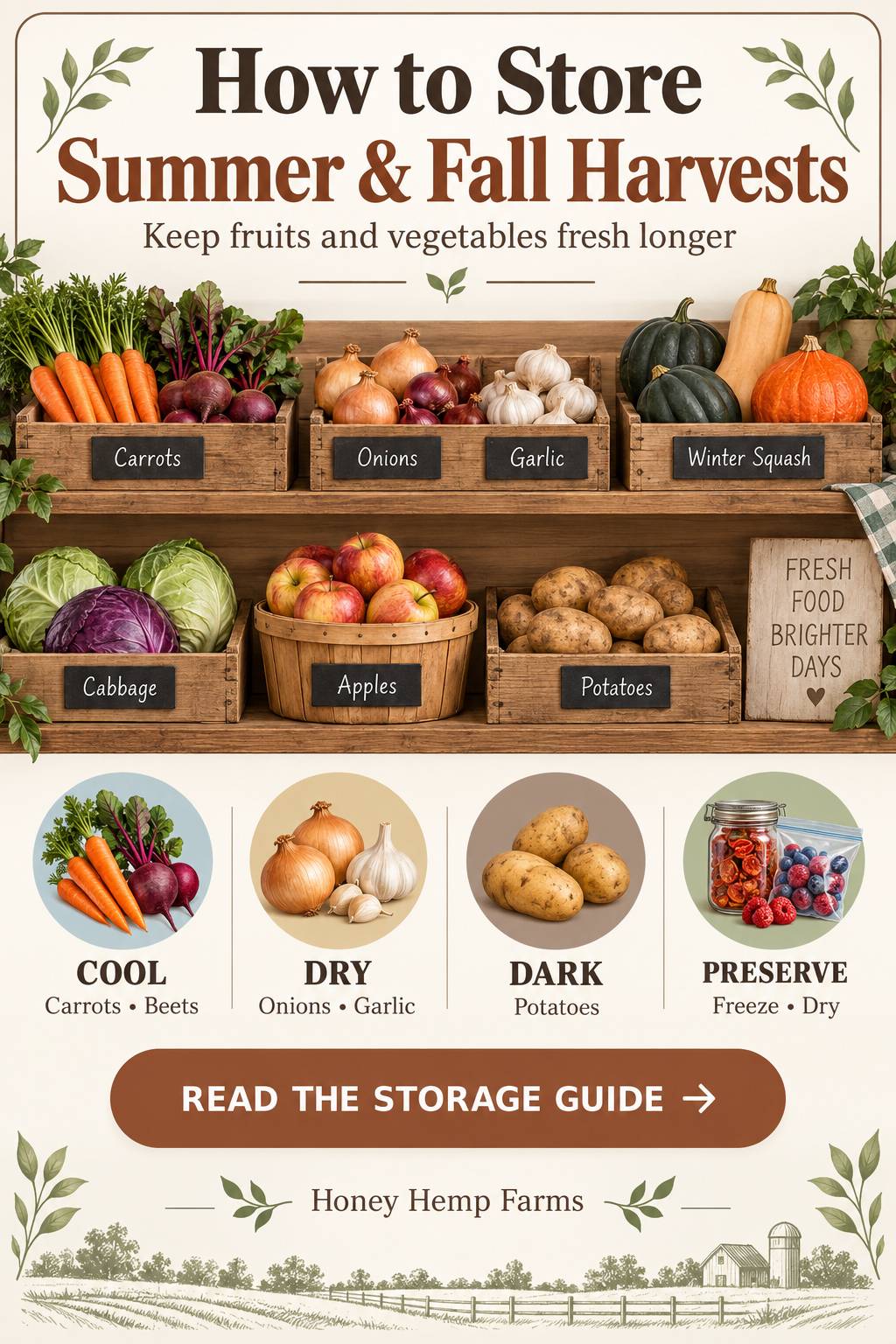 Pinterest guide showing how to store summer and fall harvests so fruits and vegetables last longer