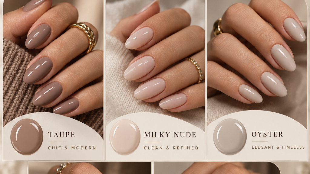Landscape expensive looking neutral nail colors in taupe nude oyster beige and greige