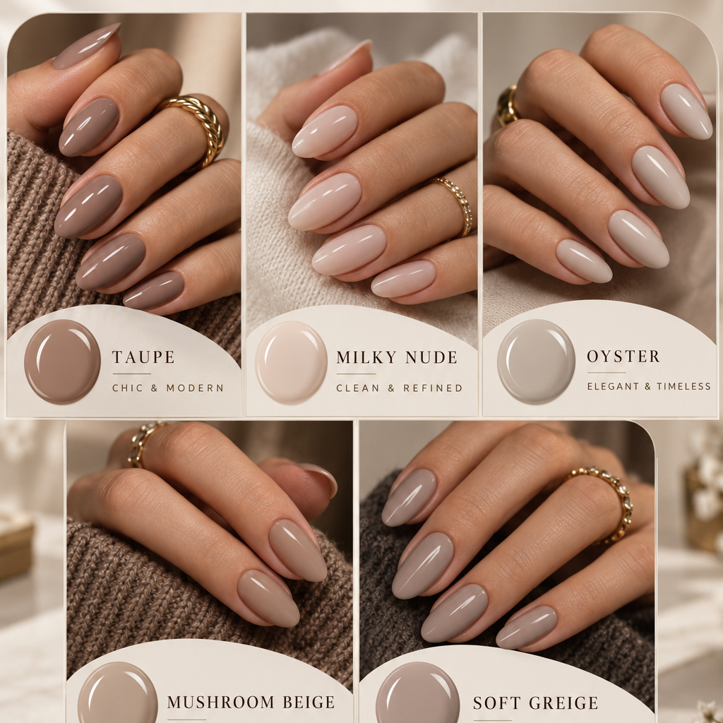 Square collage of five expensive looking neutral nail colors