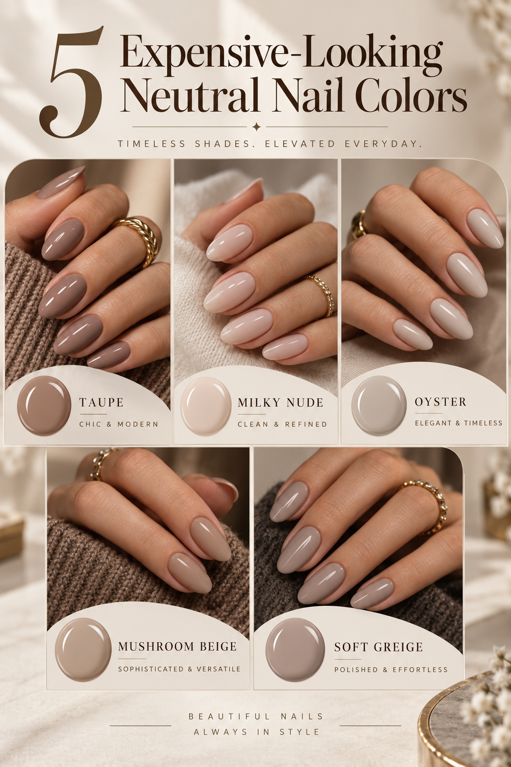 5 Expensive Looking Neutral Nail Colors featuring taupe, milky nude, oyster, mushroom beige and soft greige