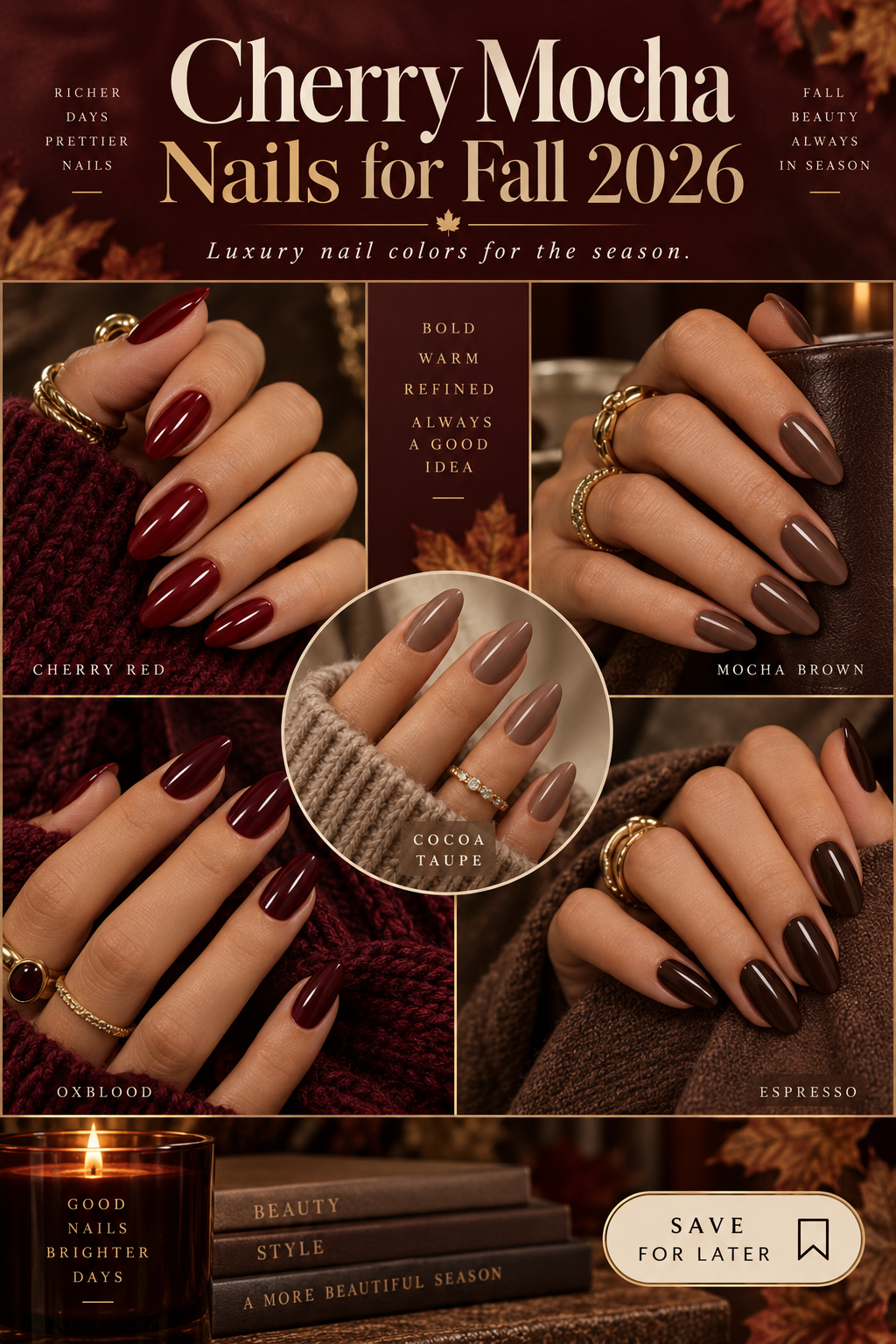Cherry Mocha Nails for Fall 2026 featuring cherry red, mocha brown, cocoa taupe, oxblood and espresso manicures