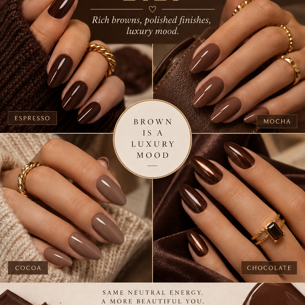 Square collage of Chocolate Brown Nail Trends 2026 including espresso mocha cocoa and truffle tones
