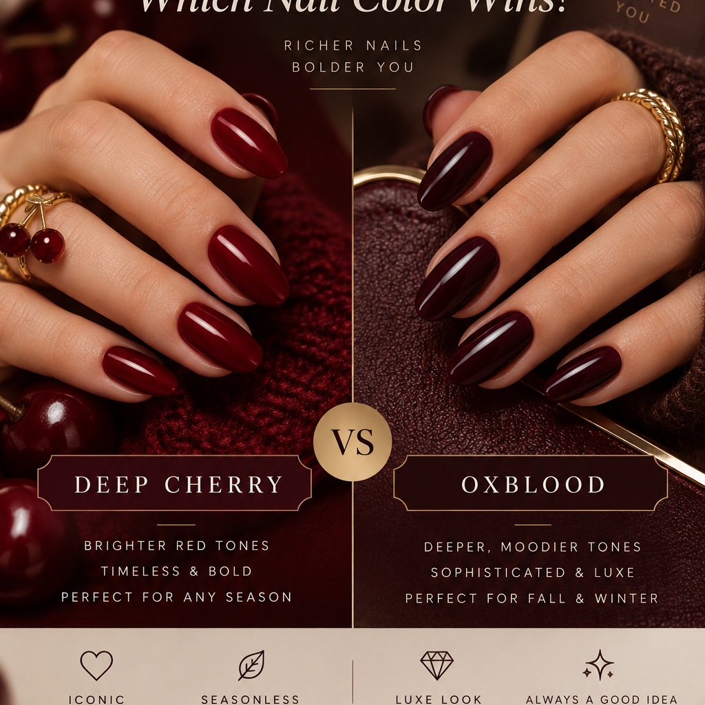 Square Deep Cherry vs Oxblood nail color comparison