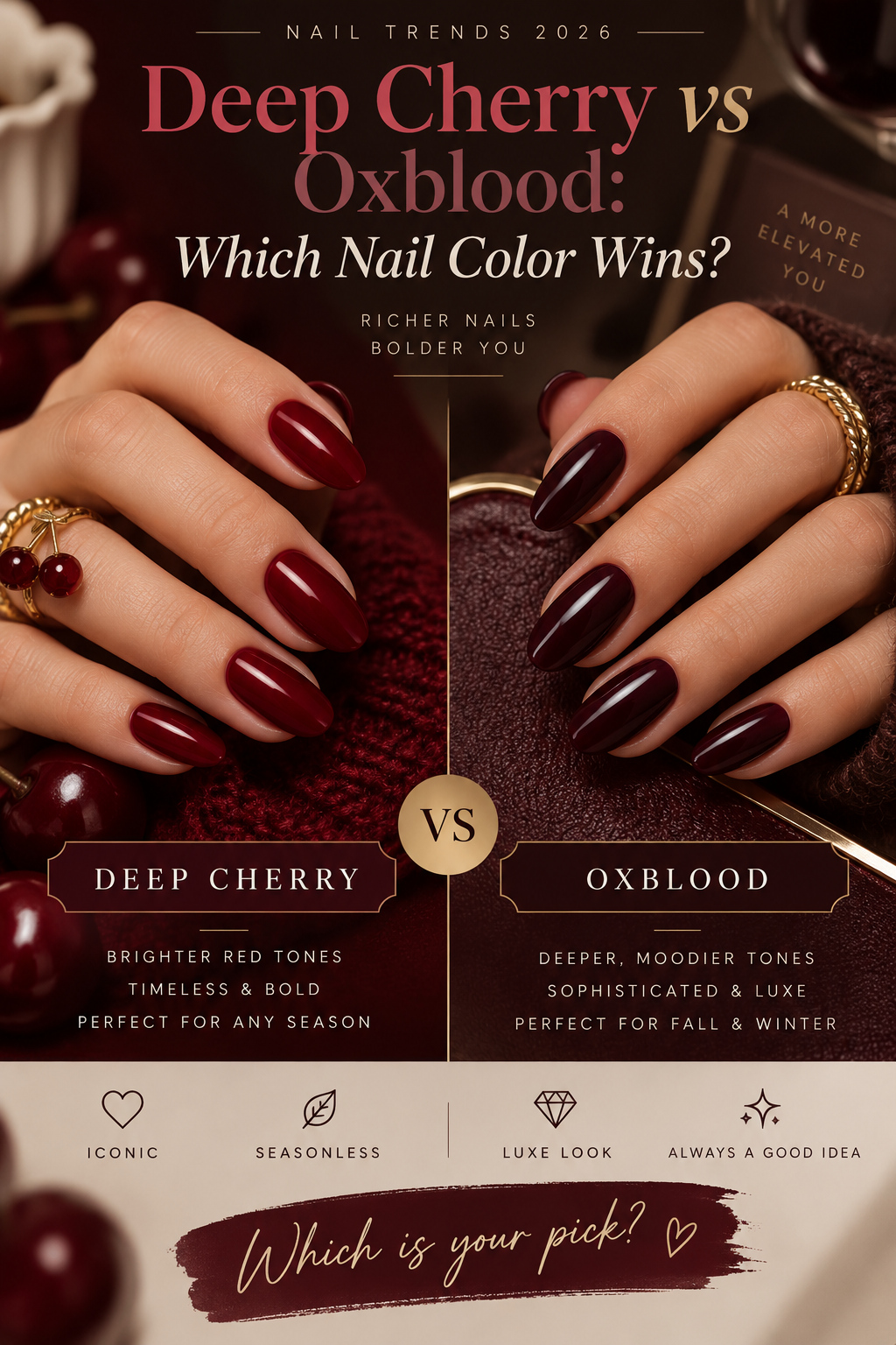 Deep Cherry vs Oxblood nail color comparison showing glossy deep red and dark wine manicures