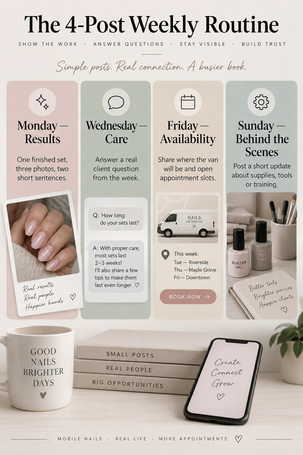 Four-post weekly content routine for a mobile nail business