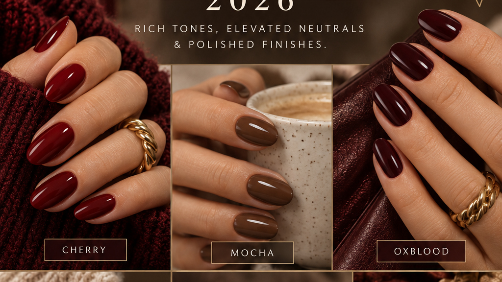 Fall 2026 manicure colors showing cherry, mocha and oxblood nail shades