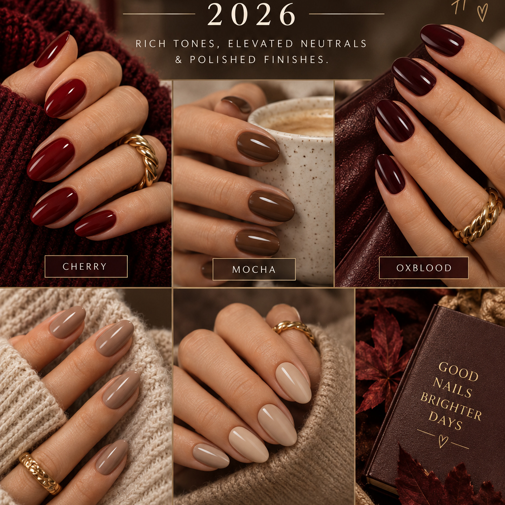 Luxury neutral and fall manicure inspiration in cherry, mocha, taupe and nude shades