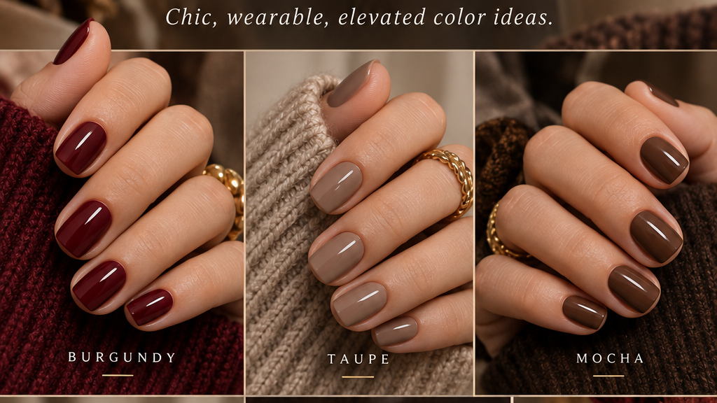 Landscape fall short nail manicure ideas in burgundy taupe mocha nude and chocolate