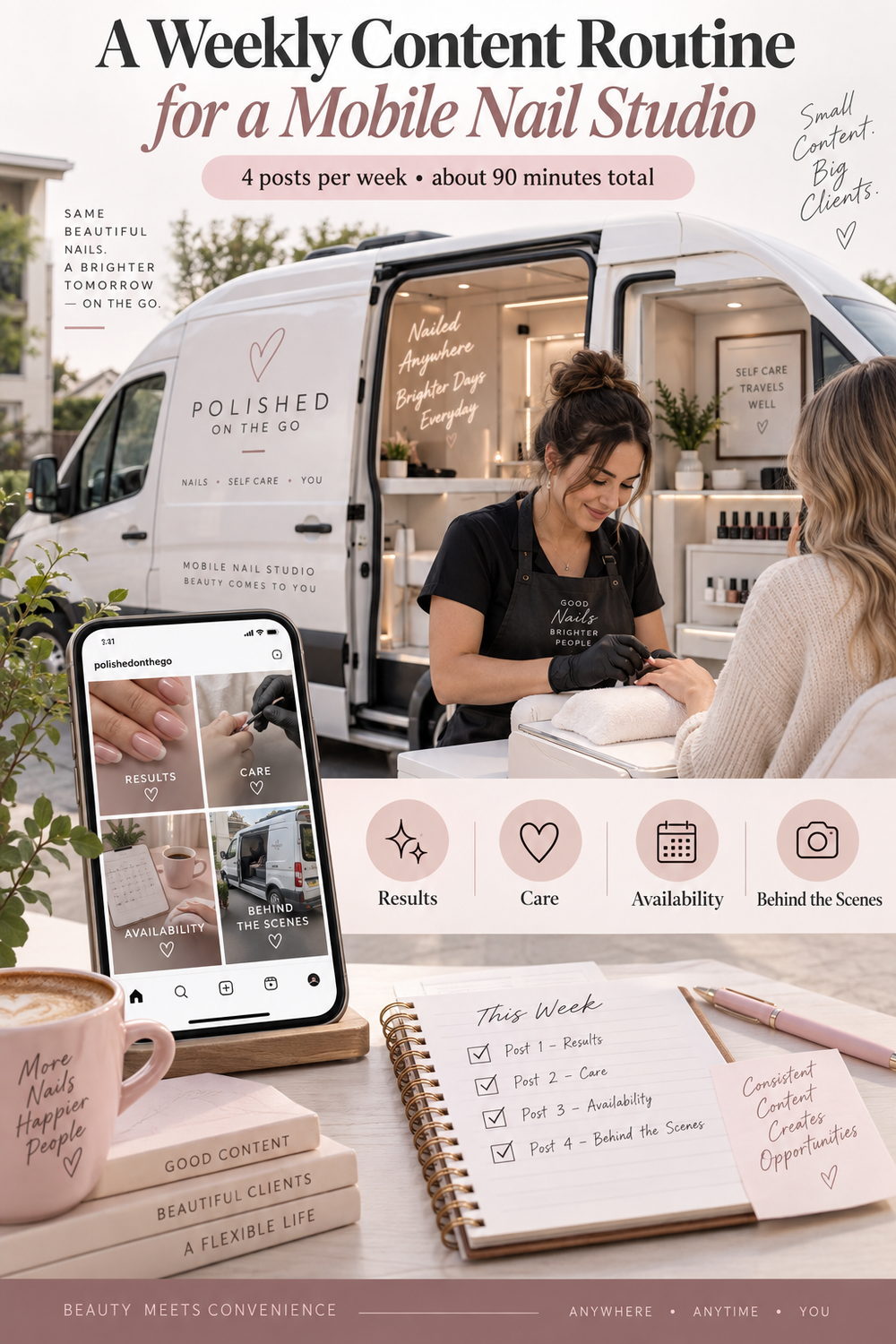 Weekly content routine for a mobile nail studio