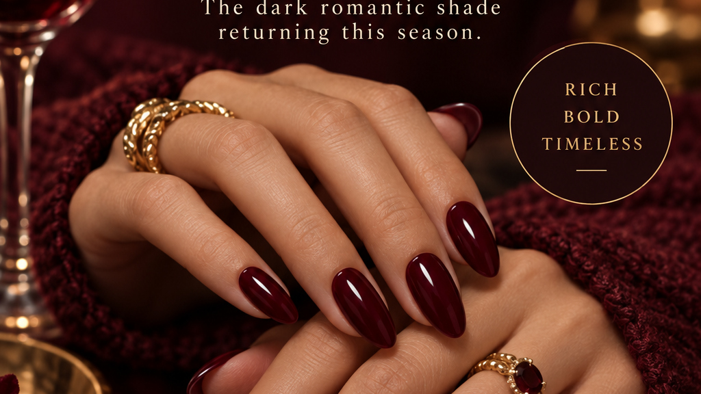 Landscape oxblood nail manicure in glossy deep burgundy red-brown tones