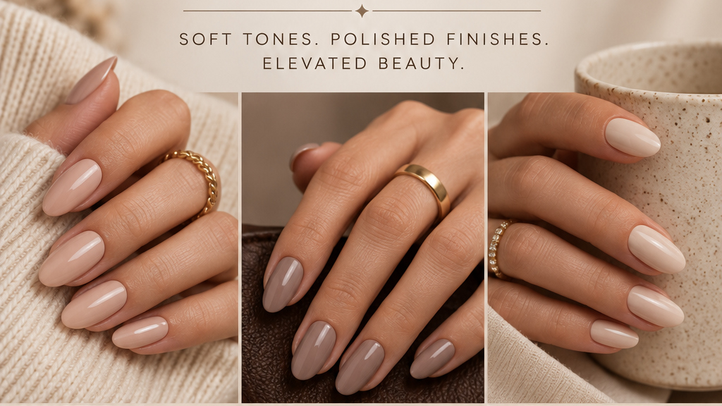 Quiet luxury manicure shades in nude, taupe, greige, rose and brown
