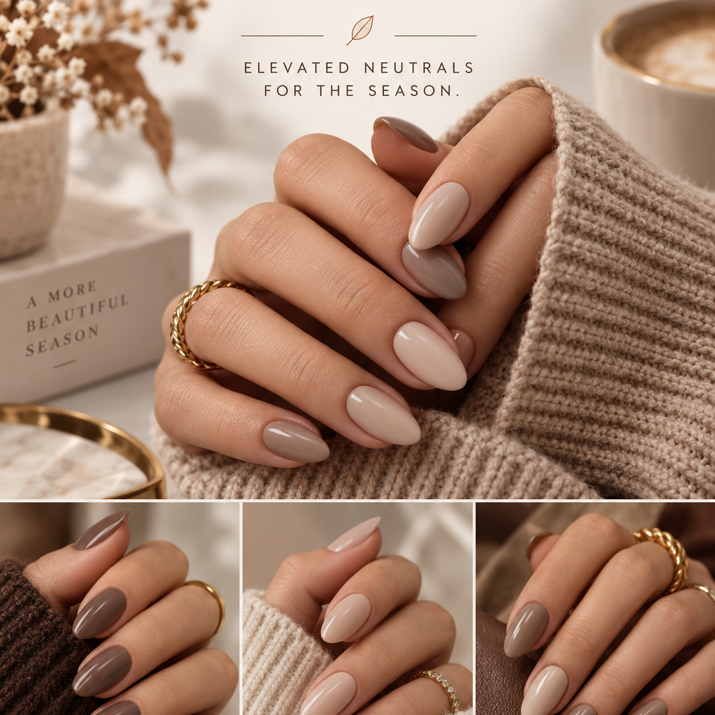 Square Taupe and Milky Nude Nails for fall 2026 manicure collage