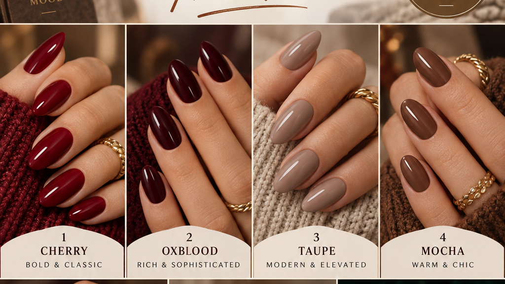 Landscape fall nail color trends featuring cherry oxblood taupe mocha chocolate nude and emerald