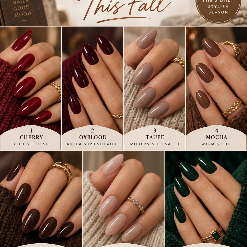 Square collage of the seven fall nail colors cherry oxblood taupe mocha chocolate brown milky nude and emerald