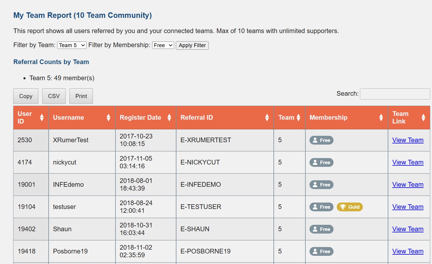 Team Size Report Screenshot