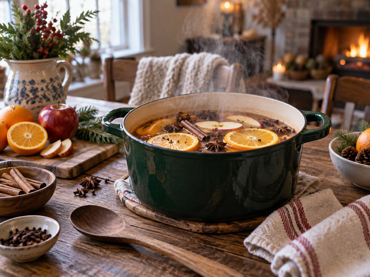 A cozy finished simmer pot on a rustic table with oranges, apples, cinnamon sticks, and warm home decor nearby.