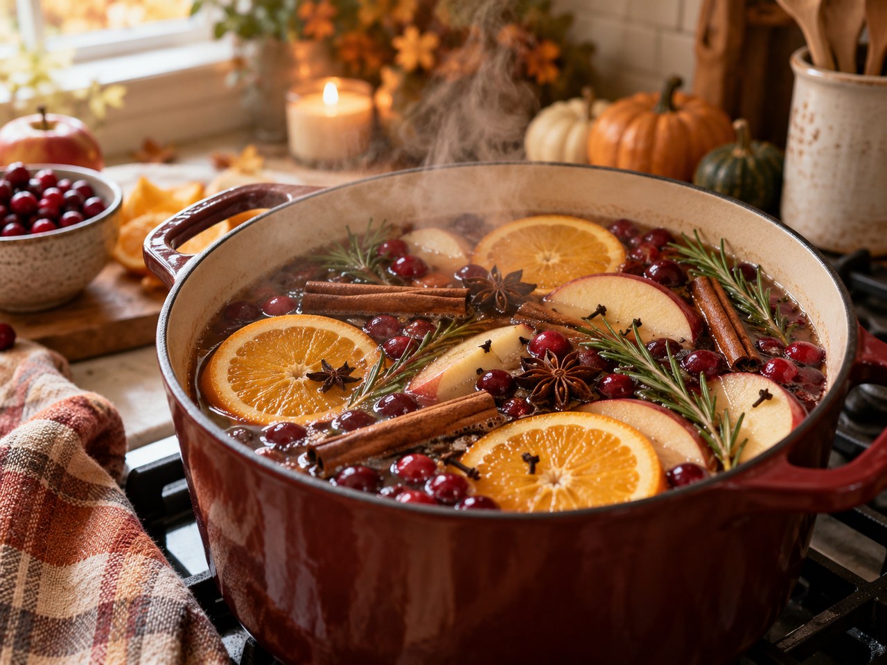 A simmer pot with orange slices, apples, cranberries, cinnamon sticks, and rosemary gently simmering on the stove.
