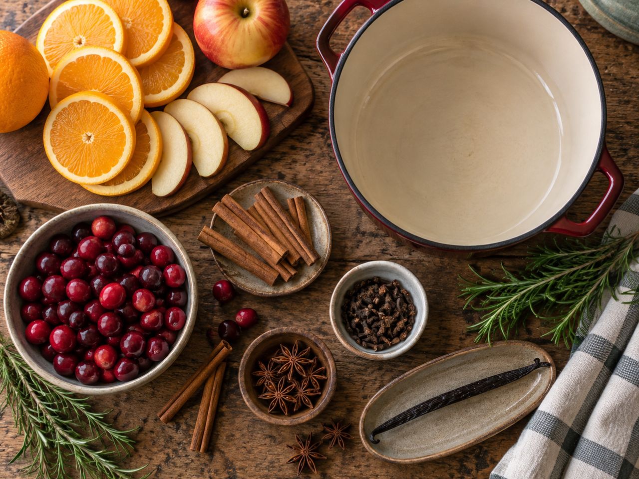 An overhead view of simmer pot ingredients including oranges, apples, cranberries, cinnamon sticks, cloves, star anise, rosemary, and vanilla.